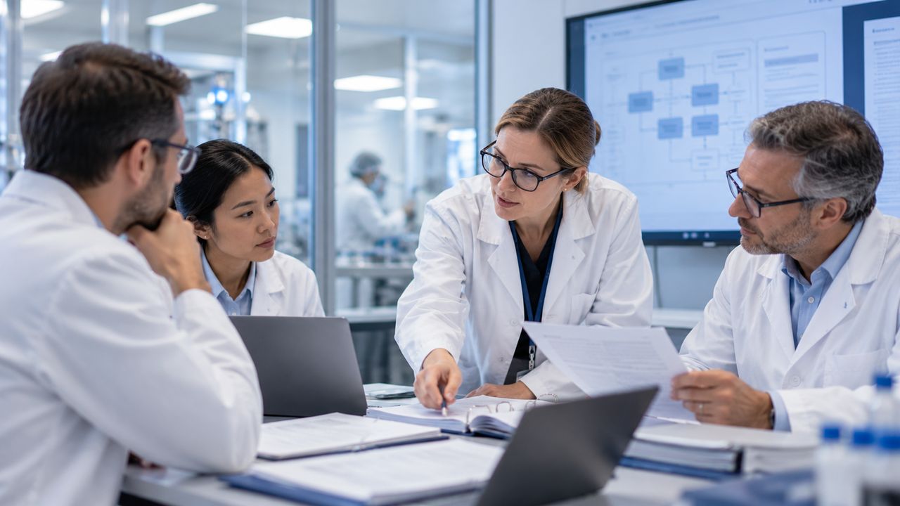 Pharmaceutical quality assurance professionals collaborating on inspection preparation and regulatory documentation.
