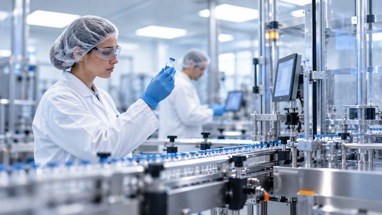 Quality control specialist examining a pharmaceutical vial alongside an automated production line.