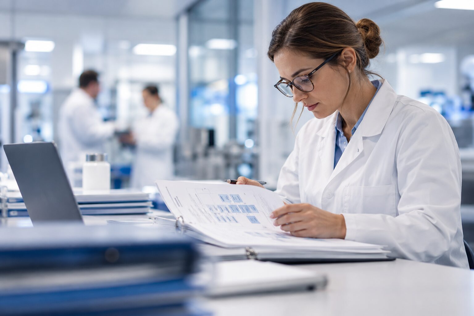Quality assurance specialist reviewing inspection documentation in a pharmaceutical laboratory.