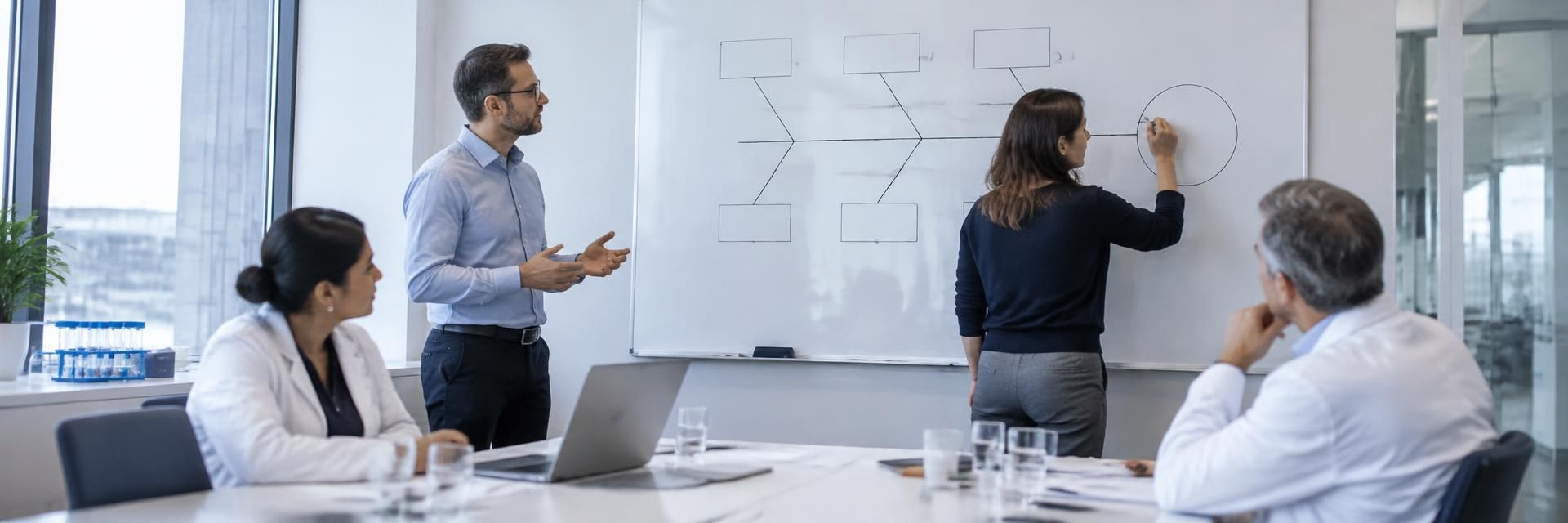 A root cause analysis workshop with a team discussing a fishbone diagram on a whiteboard