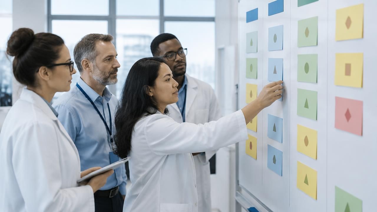 A quality team sorting color-coded cards into columns on a wall board to prioritize open work