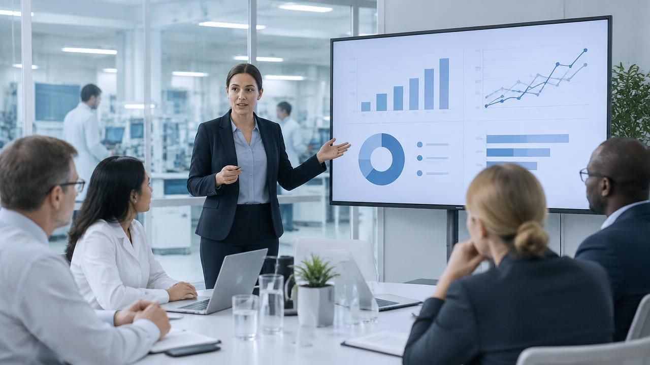 A quality manager presenting a management dashboard with charts to a small leadership team