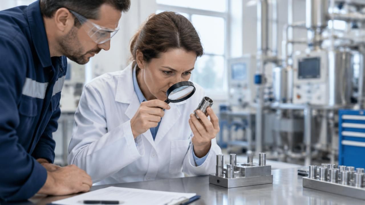 An expert in a lab coat inspecting an equipment component with a magnifier alongside a site engineer