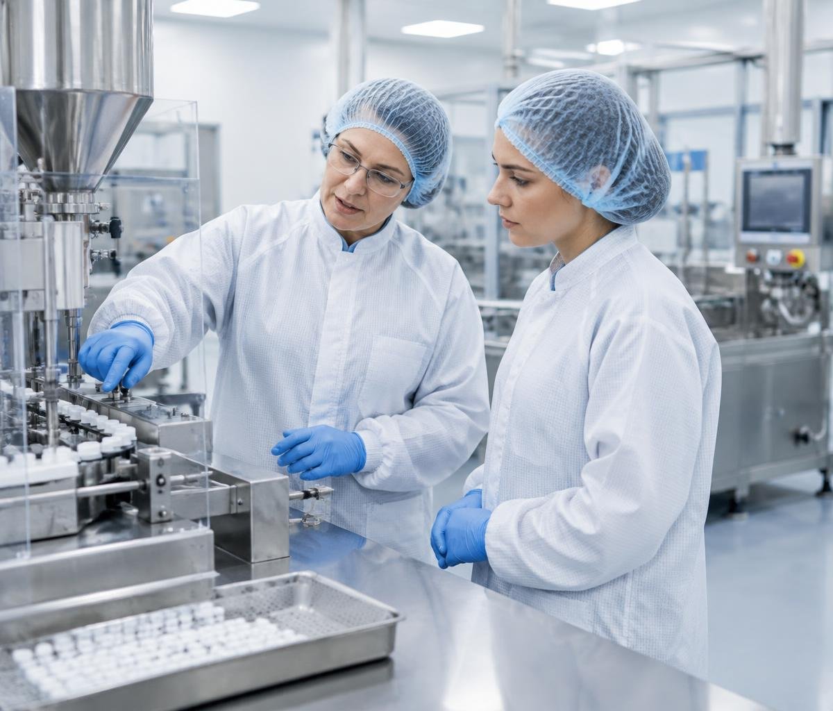 An experienced colleague onboarding a new employee at a GMP production workstation
