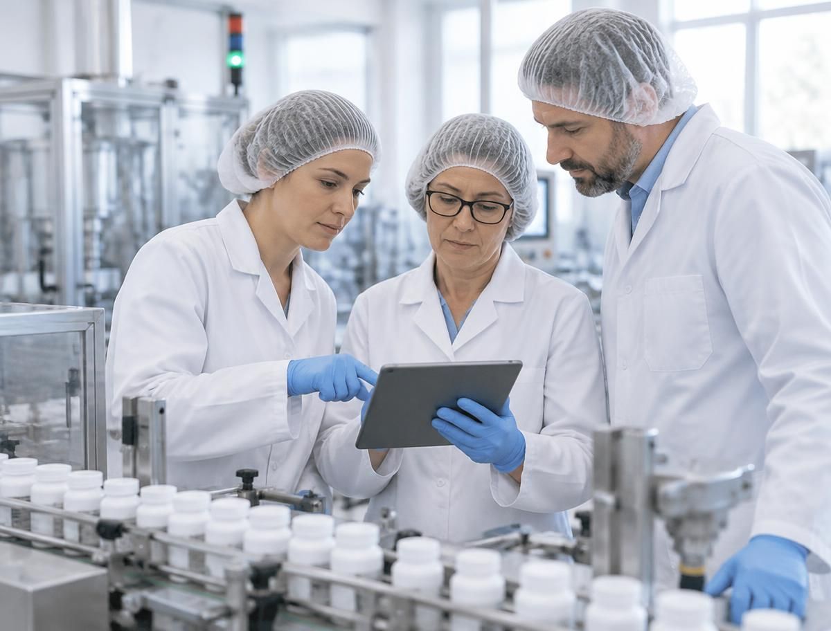 A cross-functional team of QA, production and engineering staff reviewing a deviation on a tablet at a production line