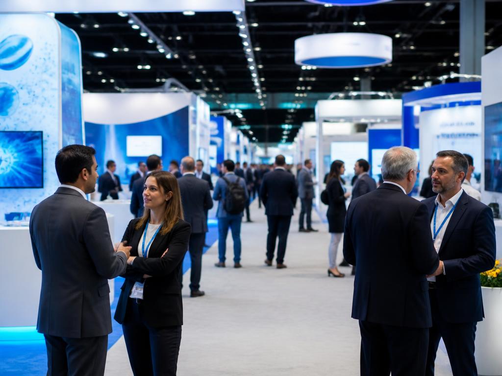 Attendees networking in the aisles of a pharmaceutical trade show exhibition hall
