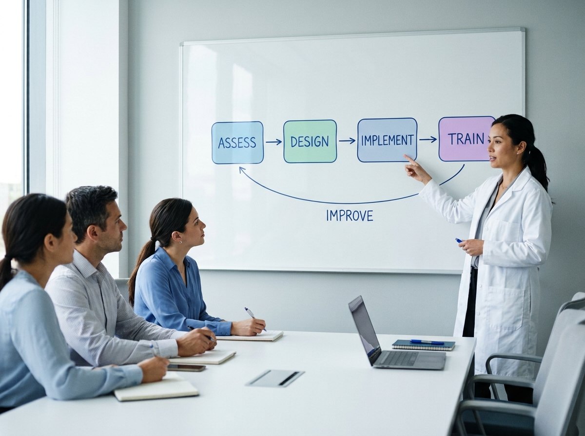 A team mapping a quality system process flow on a whiteboard