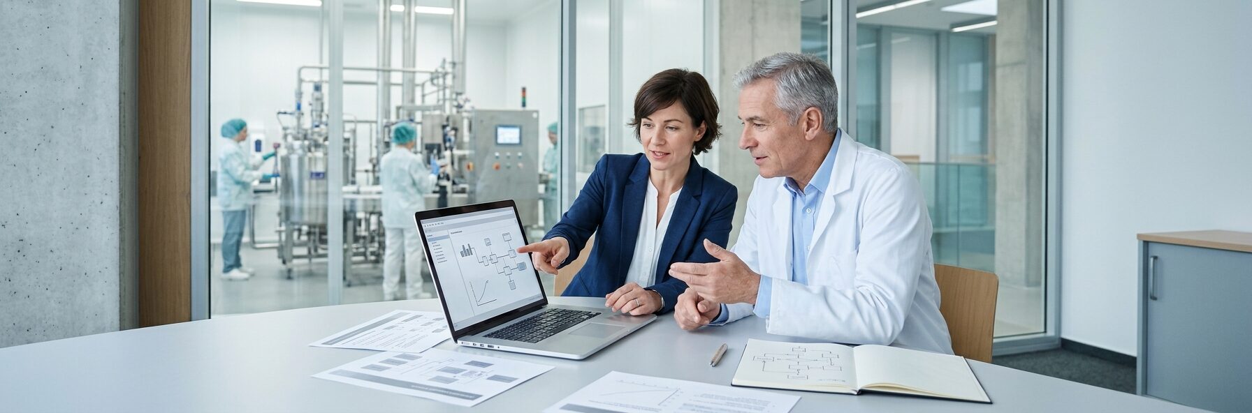 Two colleagues reviewing a process flowchart on a laptop at a conference table beside a cleanroom