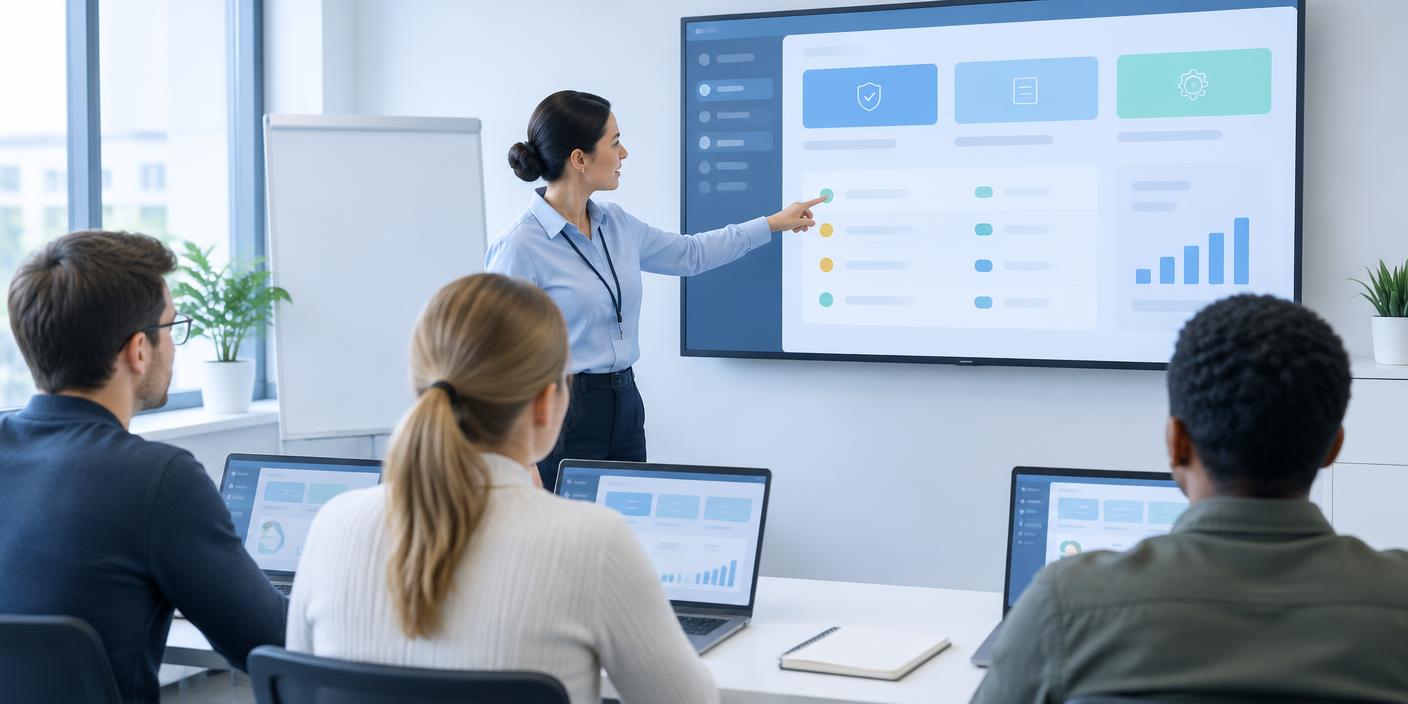 A trainer showing new QMS software on a large screen in a training room