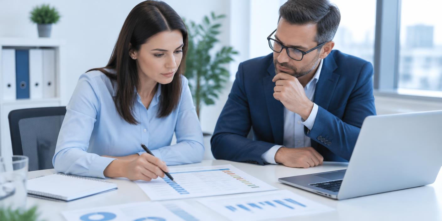 Two quality professionals reviewing a gap assessment with printed documents and a laptop