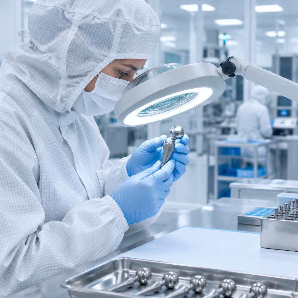 A cleanroom technician inspecting a medical implant component under a magnifier