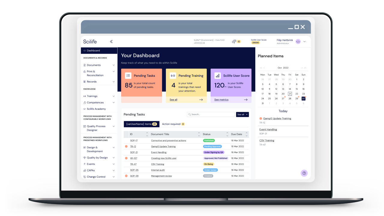 Scilife Quality Management Software platform