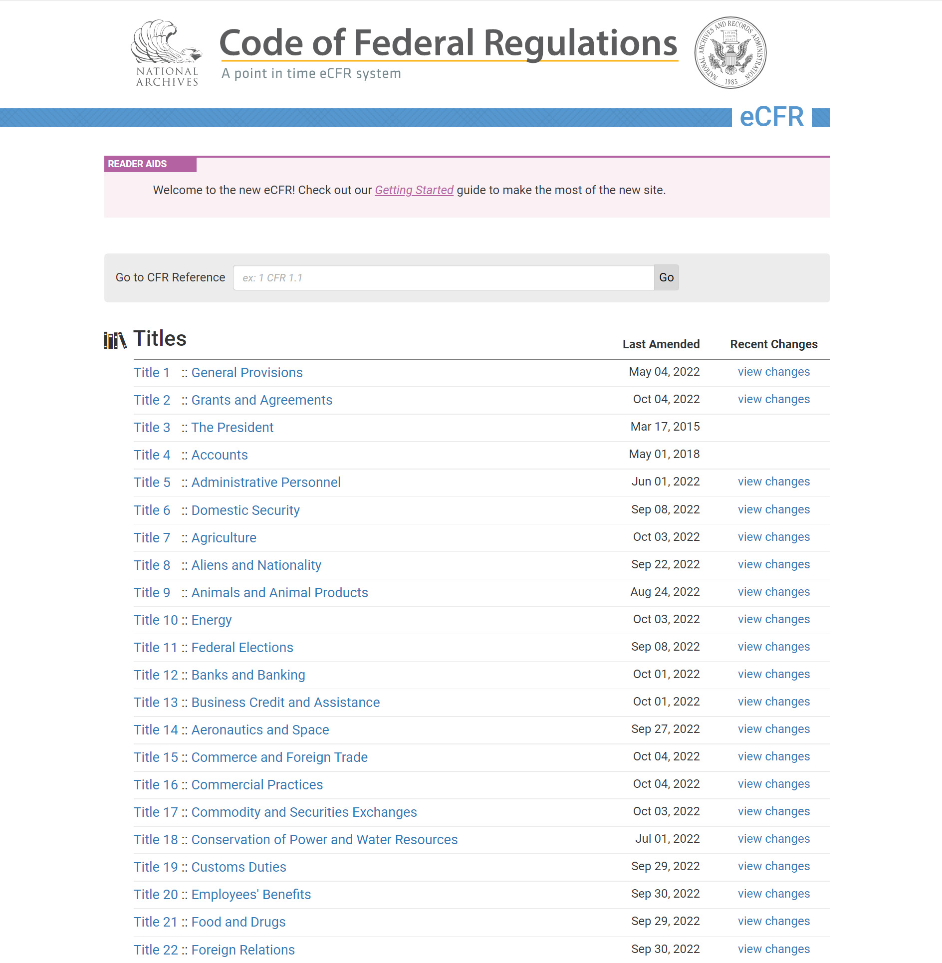 Code of Federal Regulations - Titles