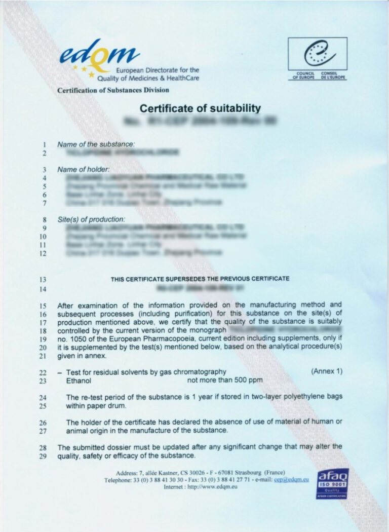 EDQM CEP - Certificate of Suitability - Quality By Design